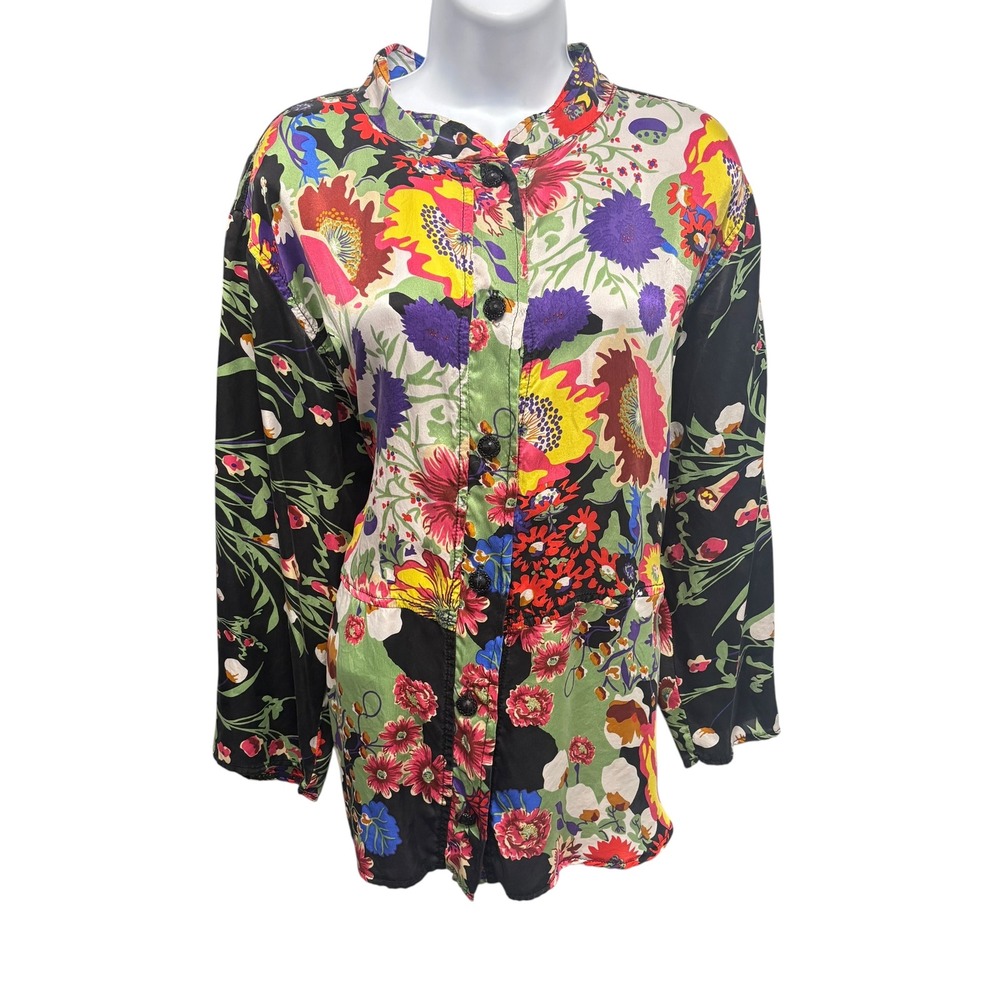 Uru 100% Silk Floral Button Front Jacket Tunic XL Multicolor Art to Wear USA